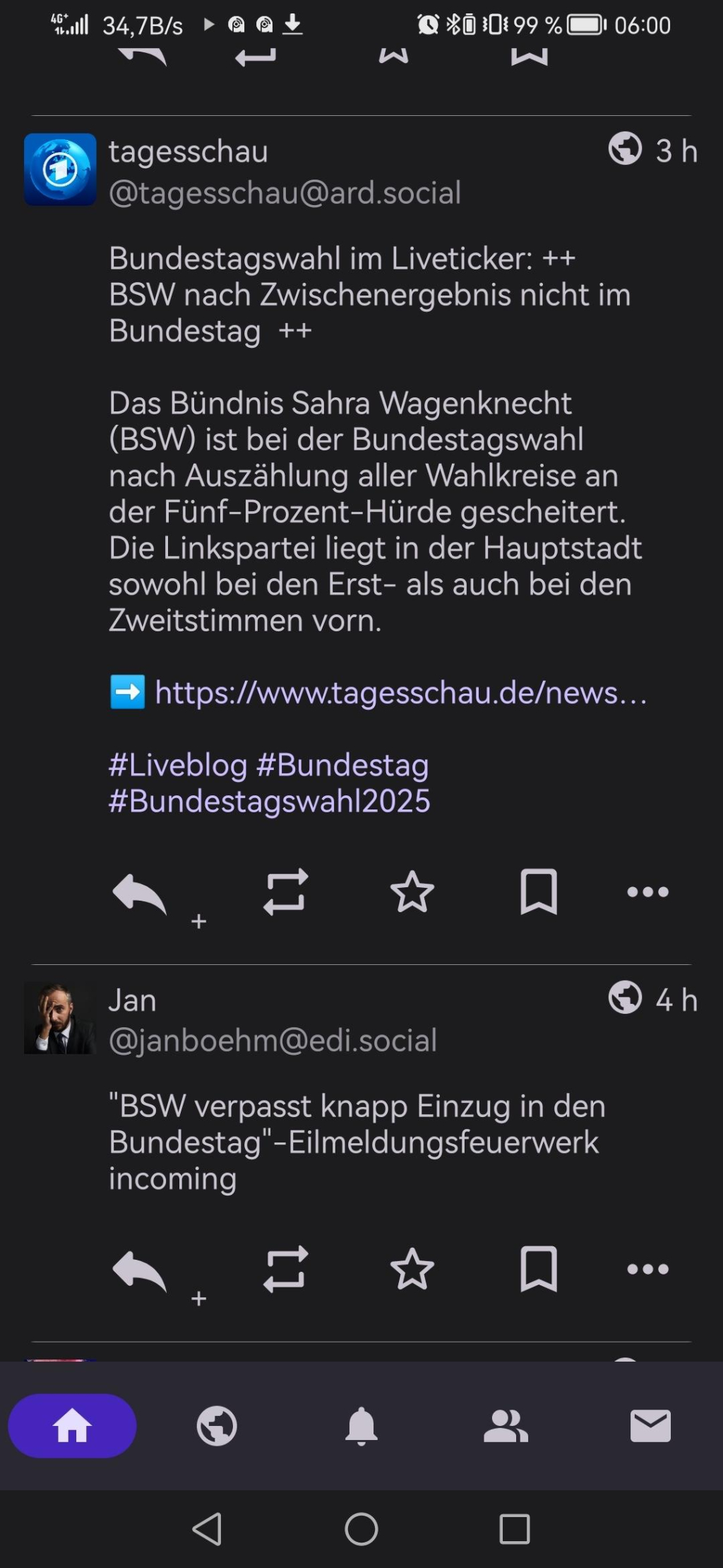 screenshot der Meldung der Tagesschau zum BSW direkt nach dem toot von J. Böhmermann