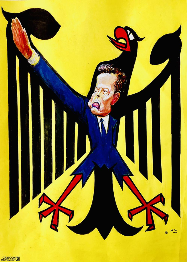 Cartoon showing the eagle of Germany with a caricature of Elon Musk in it, giving a Nazi salute.