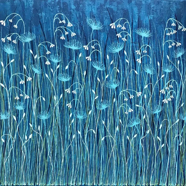 Creative turquoise painting of many thin high blue and white flowers