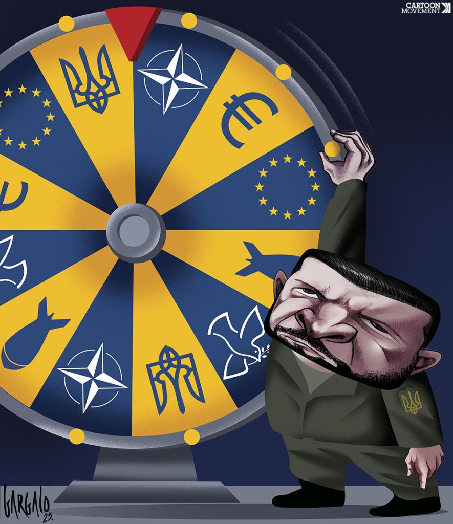 Cartoon showing Zelensky, who is about to spin a large wheel of fortune, to determine the future of Ukraine. On the wheel are the logos of Europe and NATO, symbols of bombs and symbols of the dove of peace.