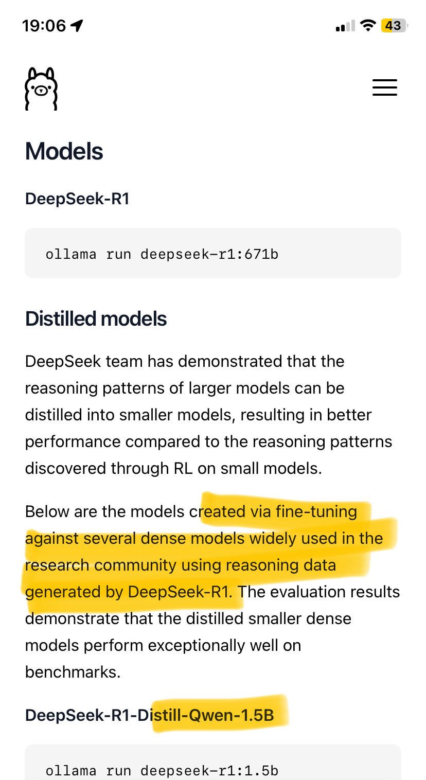 ollamas description of deepseek models it hosts. at the top is the original deepseek with 671b parameters while below are the qwen distills. 