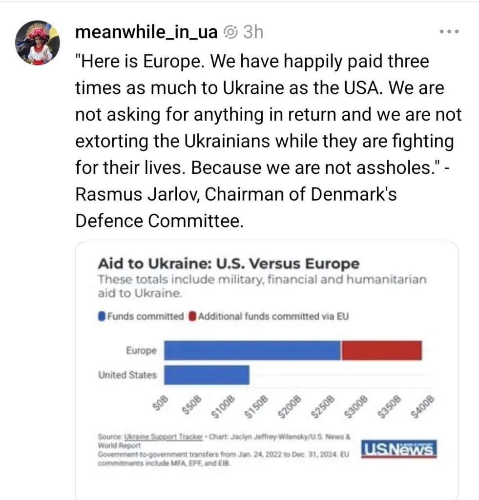 @ meanwhile_in_ua @ 3h "Here is Europe. We have happily paid three times as much to Ukraine as the USA. We are not asking for anything in return and we are not extorting the Ukrainians while they are fighting for their lives. Because we are not assholes." - Rasmus Jarlov, Chairman of Denmark's Defence Committee. Aid to Ukraine: U.S. Versus Europe i s e @ Funds committed @ Additional funds committed via EU vnited states || 