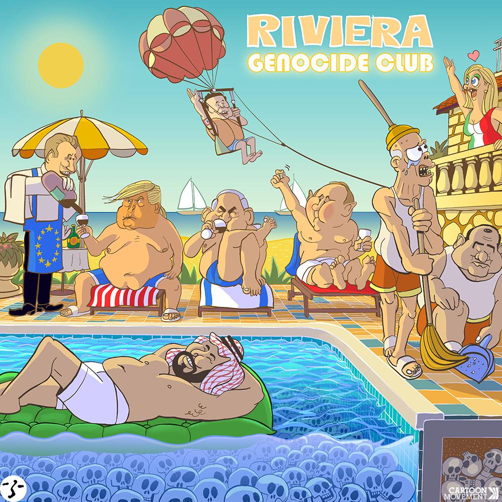 Cartoon showing a holiday resort with a pool filled with skulls. Around the pool, world leaders are lounging. The cartoon has the caption 'Riviera Genocide Club'.