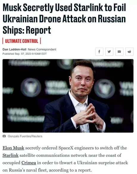 Elon Musk secretly ordered SpaceX engineers to switch off the Starlink satellite communications network near the coast of occupied Crimea in order to thwart a Ukrainian surprise attack on Russia's naval fleet, according to a report.