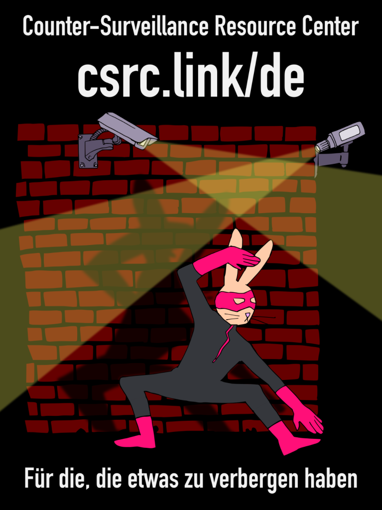 Beschriftung : Counter - Surveillance Resource Center 

csrc.link/de

Ganz unten steht: "Für die, die etwas zu verbergen haben. 

in der Mitte eine hasenartige Karikatur mit Rosa Schuhen, Rosa Handschuhen und Rosa Maske  und schwarzem Anzug in Kampfhaltung. darüber in jeder ecke je eine Überwachungskamera welche wie ein Scheinwerfer wirkt, das Wesen in der Mitte befindet sich dadurch im Schatten.