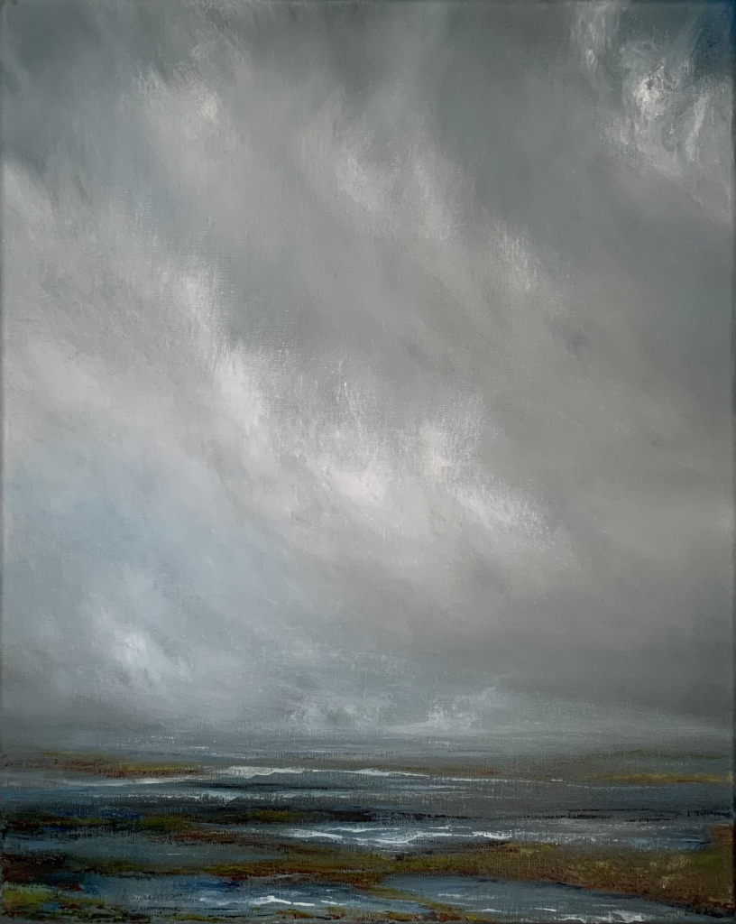 Original oil painting by Tisha Mark, "Storm's End" 20"x16" oil on linen, 2024. An atmospheric cloudscape over a coastal marsh with rich, earthy tones underneath a sky filled with layered gray and white storm clouds with light starting to shine through.