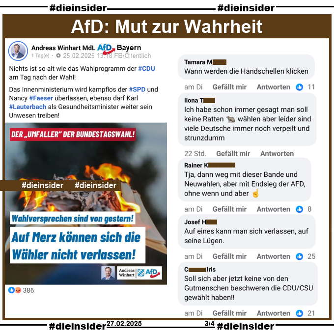 Hier zeigen wir den Post von Andreas Winhart, MdL AfD Bayern, der u.a. postet "Das Innenministerium wird kampflos der #SPD und Nancy #Faeser überlassen, ebenso darf Karl #Lauterbach als Gesundheitsminister weiter sein Unwesen treiben!"

Wir zeigen euch u.a. die Kommentare "Wann werden die Handschellen klicken.", "Ich habe schon immer gesagt man soll keine Ratten wählen aber leider sind viele Deutsche immer noch verpeilt und strunzdumm.", "Tja, dann weg mit dieser Bande und Neuwahlen, aber mit Endsieg der AFD, ohne wenn und aber.", "Auf eines kann man sich verlassen, auf seine Lügen." und "Soll sich aber jetzt keine von den Gutmenschen beschweren die CDU/CSU gewählt haben!"
