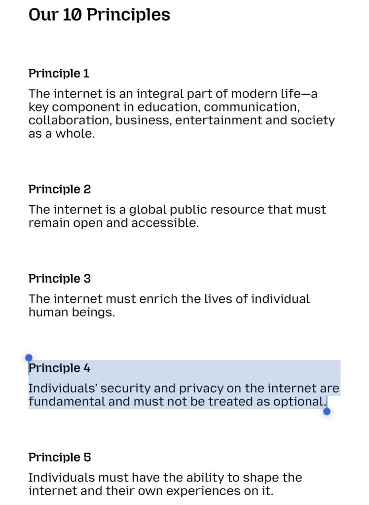 The first five points of the Mozilla 10 principles document. Principle 4 highlighted. 

source https://www.mozilla.org/en-US/about/manifesto/

