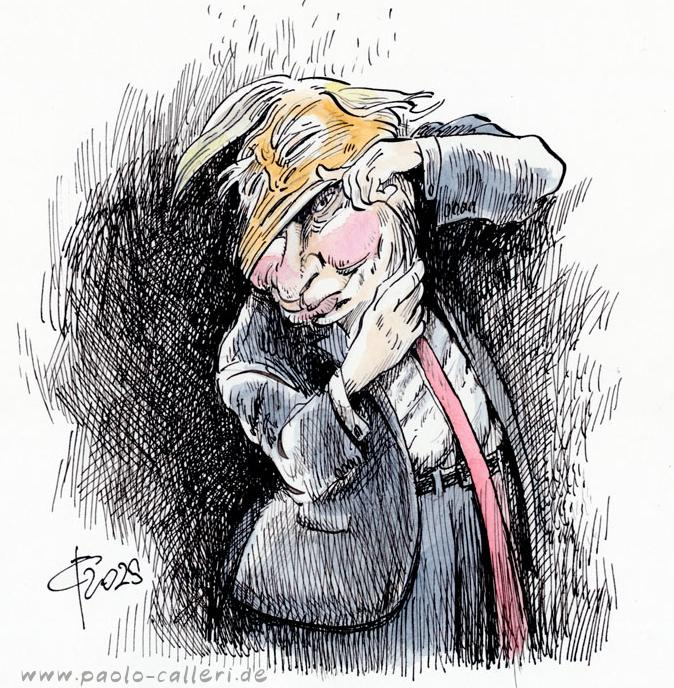 Karikatur. Putin zieht sich eine Maske vom Gesicht, die an Donald Trumps Gesicht erinnert. Putin blickt uns dabei an. Das Bild besteht hauptsächlich aus schwarzen Tuschestrichen, die an manchen Stellen verdichtet sind und dadurch manche Bereiche dunkel erscheinen. 