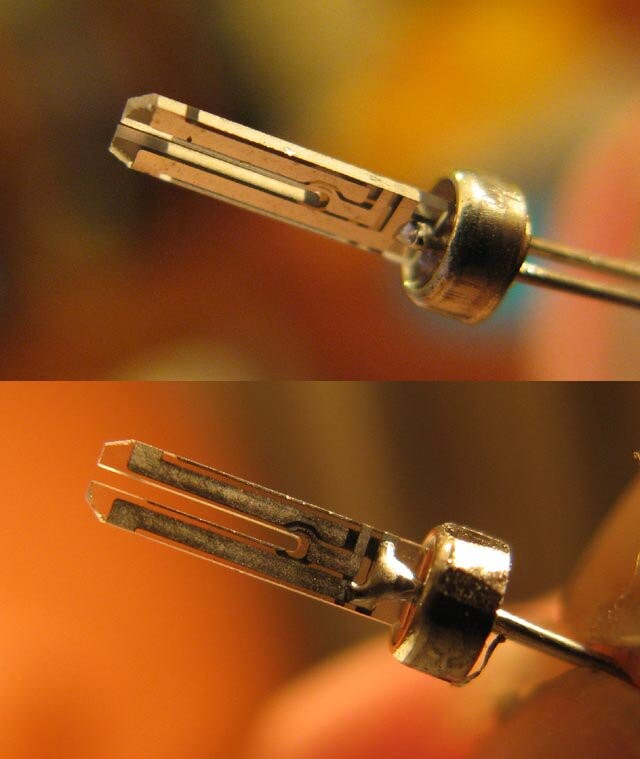 A tuning fork shaped piece of thin quartz inside an oscillator.