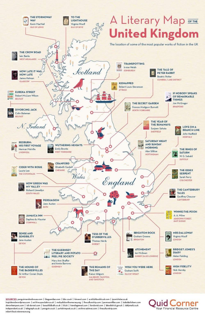 Map of the United Kingdom showing where British authors came from