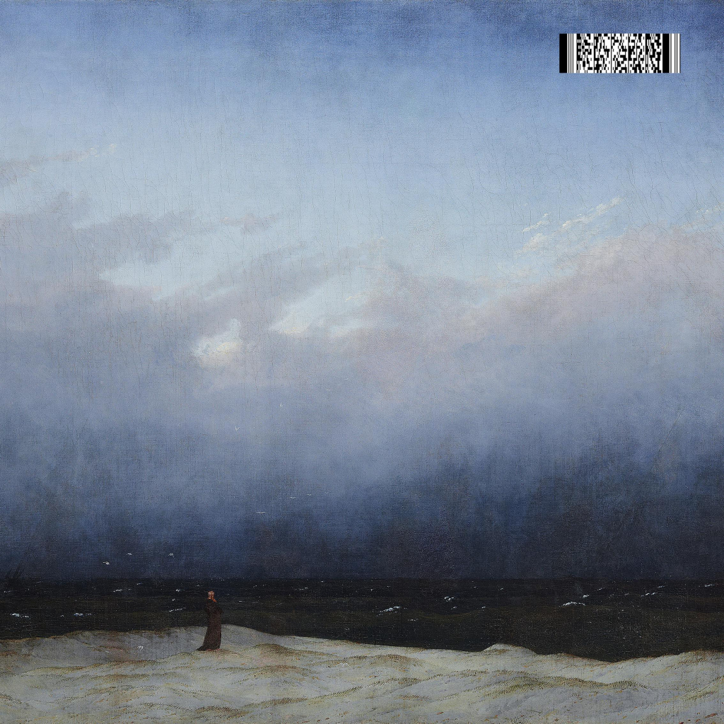 Cover image of Schall und Stille's forthcoming album "Strategies Against Algorithms", showing a detail of Caspar David Friedrich's "Monk By The Sea" with a PDF417 barcode in the upper right corner. 