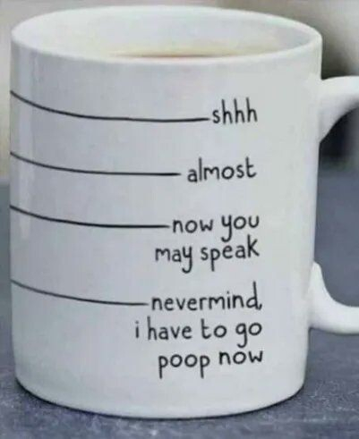 a white mug of coffee with lines indicating the mug's fullness and this text, top to bottom: shhh; almost; now you may speak; nevermind, i have to poop now