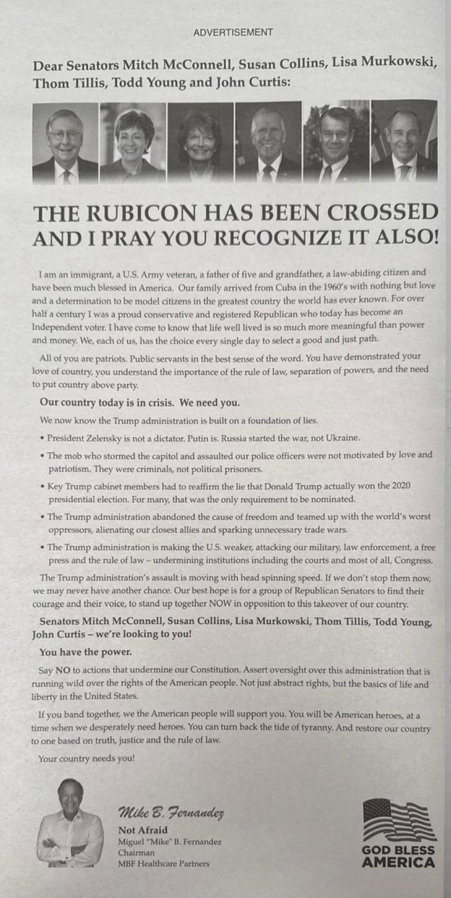 Black-and-white ad  addressed to several US senators, expressing concern about the political situation and urging action to uphold the Constitution. It includes a call against perceived lies from the Trump administration & emphasizes the importance of patriotism and truth.