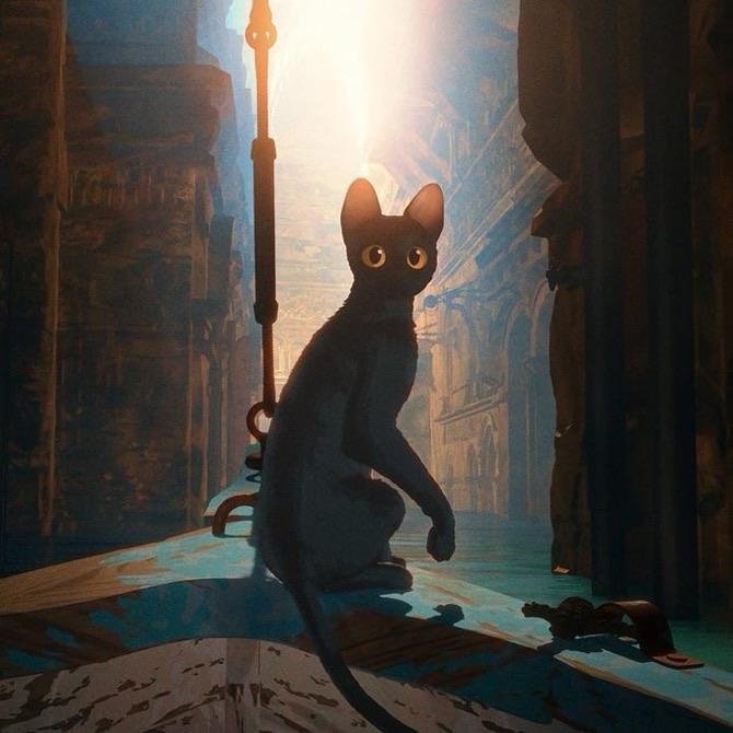 A stylized black cat sits on a ledge, looking back over its shoulder. The background features an ethereal, illuminated setting with ancient architecture and a serene water surface.
An image from the film "Flow".