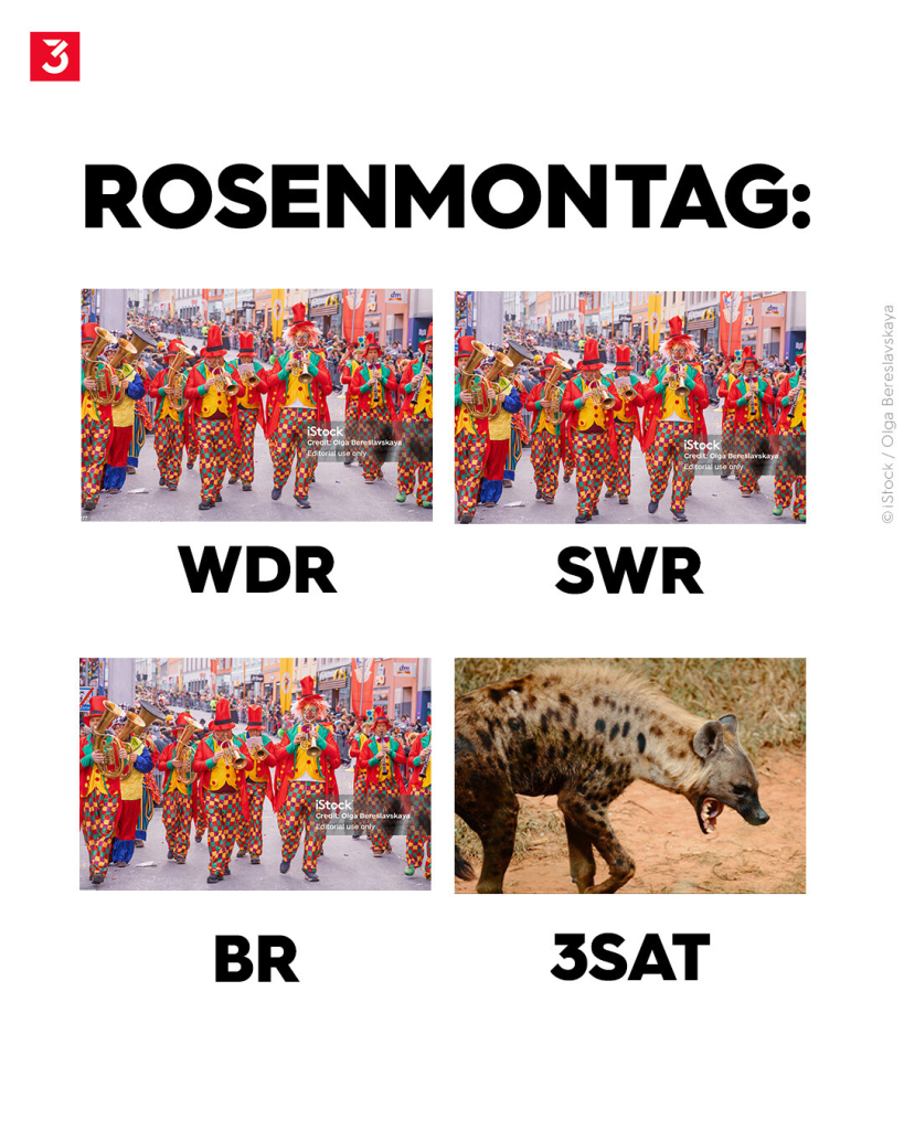 Bildbeschreibung: Foto-Montage aus 4 Bildern. 3 Mal ist das gleiche Bild eines Karnevalsumzugs zu sehen. Es zeigt eine Blaskapelle in Clownskostümen. Bild 4 zeigt eine Hyäne, die gähnt.