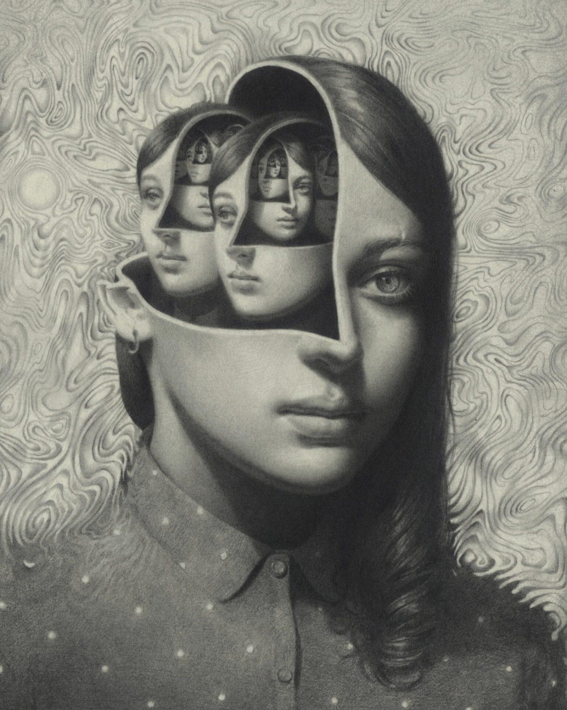 Grayscale drawing of a young woman whose face is cut open along the top to reveal a series of repeated faces with openings holding more faces within. The background is a swirly pattern resembling wood grain, merging into the woman's button down shirt.