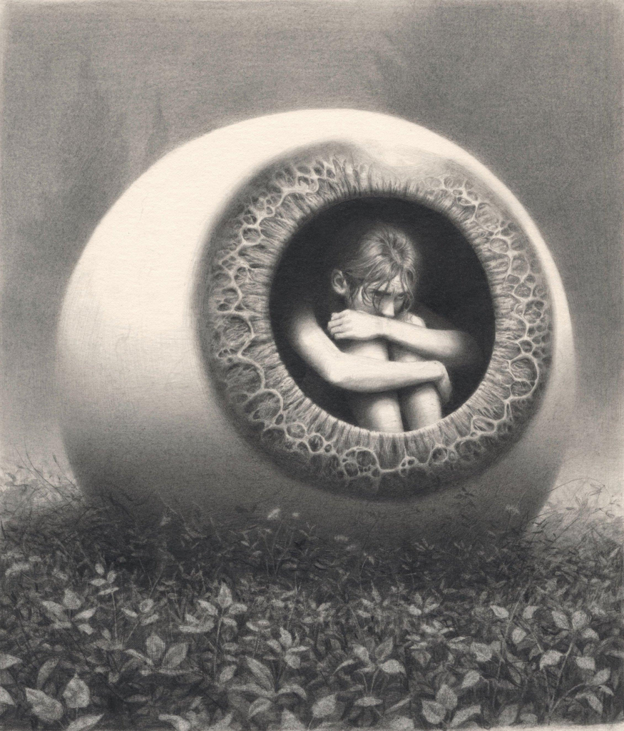 Grayscale drawing of a figure crouching with their arms around their knees, huddled inside a large eyeball structure , placed in a field of leaves.