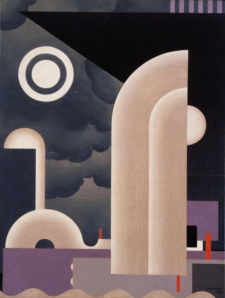 Abstract painting in a palette of cream, purple, and black, with a large vertical half-archway dominating the composition in front of floating circles and architectural forms.