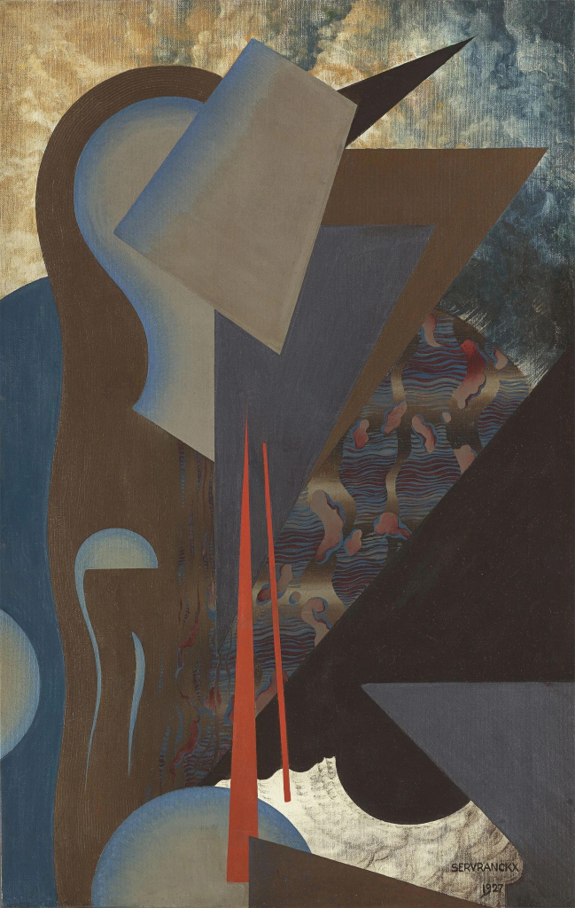 Abstract painting in a palette of muted brown, grey, and blue palette, with floating, overlapping geometric shapes against a painterly background.