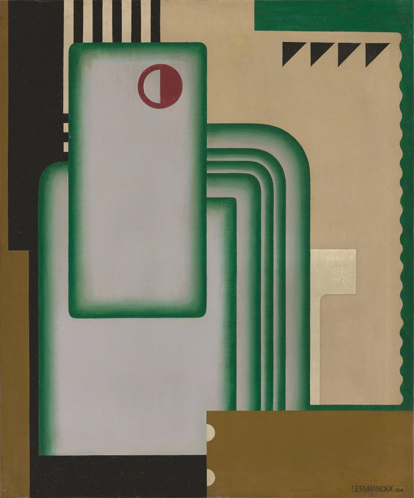 Abstract painting in a palette of cream, green, and mustard, with a series of overlapping rectangles with rounded corners in the center surrounded by lines, rectangles, and triangles.