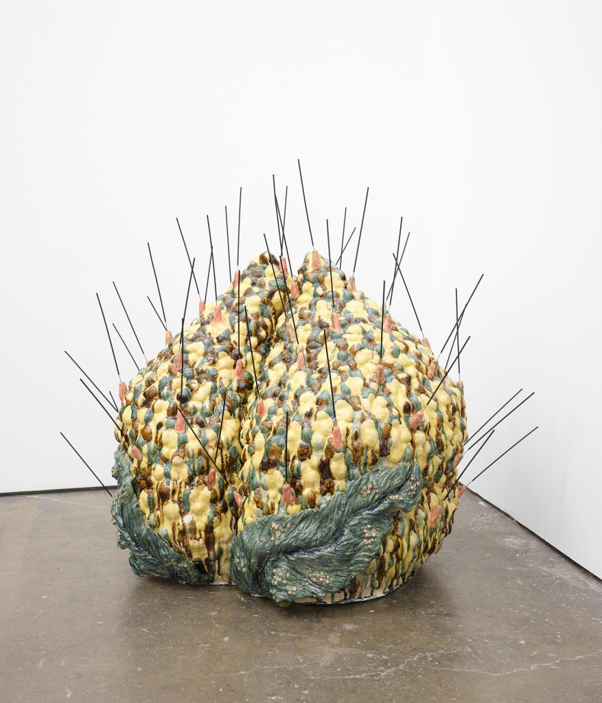 Semi-abstract sculpture resembling a large fruit or pod, with a textured yellow, green, and brown surface and green leaves along the base. An array of thin metal rods are poking out in various directions.