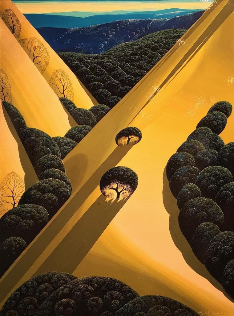 Vertical landscape depicting steep, smooth yellow mountains with clusters of round, bushy trees.