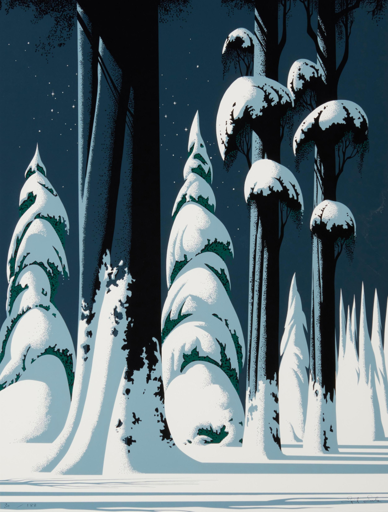 Vertical landscape depicting tall, dark trees covered in snow, against a blue-grey starry sky and snowy ground.