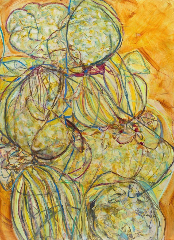 Abstract painting in a palette of yellow, brown, and orange, with gestural forms and expressive lines, with circular shapes clustered in a vertical composition.