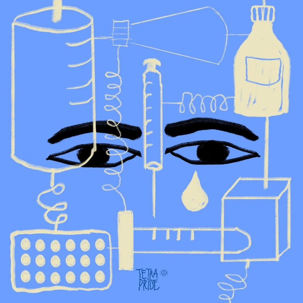 Line drawing of two cartoon-style eyes in black staring out at the viewer, overlaid with white line medical tools and machines, over a soft blue background.