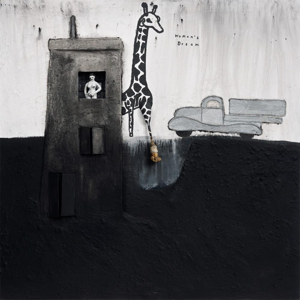 Grayscale composition of a white woman standing in an open window of a tall, narrow cement tower, over a black ground and white sky. A drawing of a giraffe stands behind the tower next to a gray pickup truck. In small handwriting the text " Woman's Dream" floats in the sky.