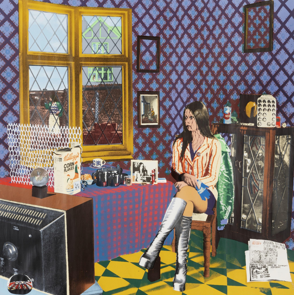 Composition in a purple, brown, and yellow palette with composite photos, depicting a young white woman in silver platform boots sitting in a domestic interior with a large tv, table holding breakfast things, and a patterned floor and wallpaper.