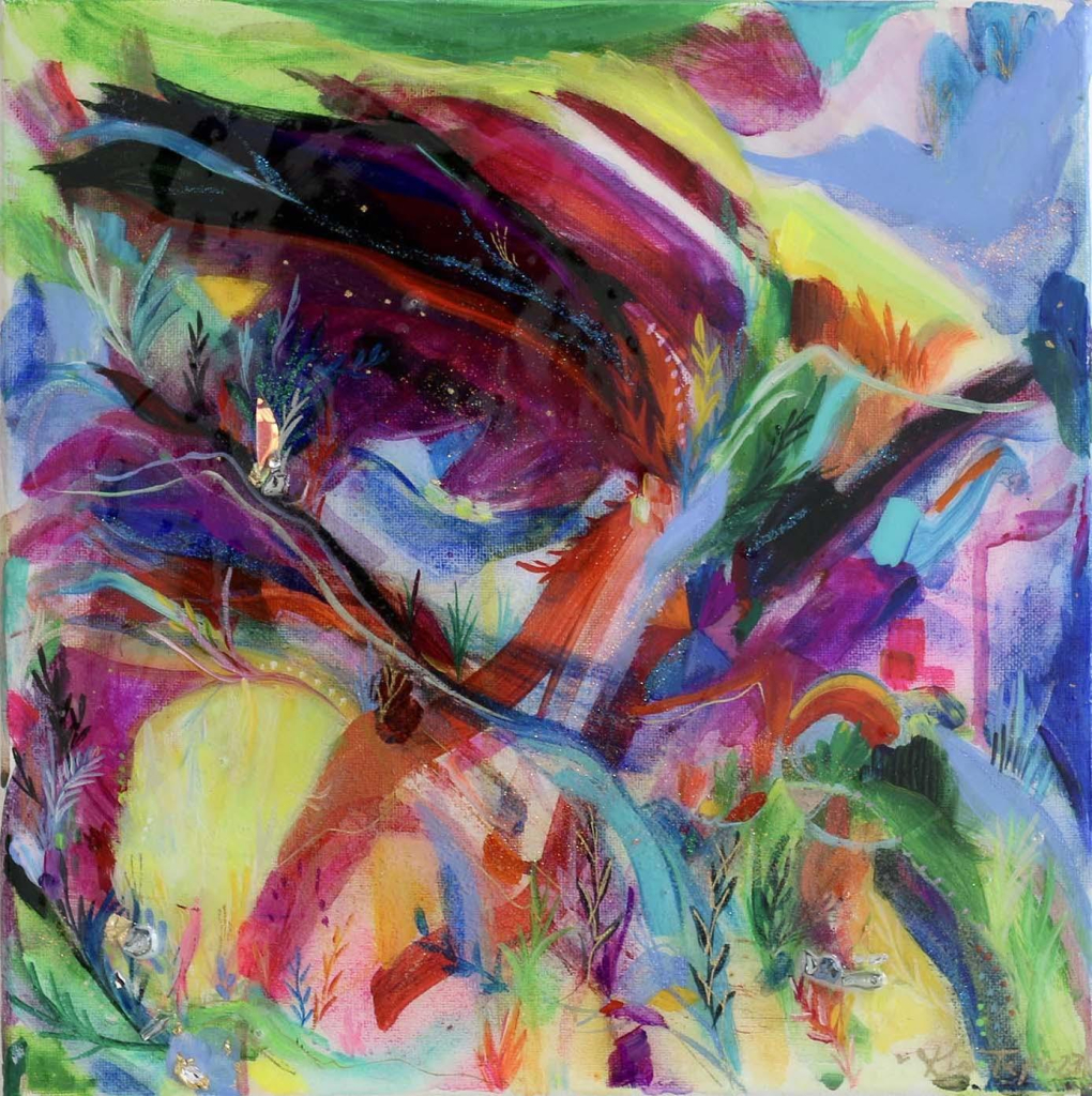 Abstract all-over painting with brightly colored gestural strokes and flashes of glitter.