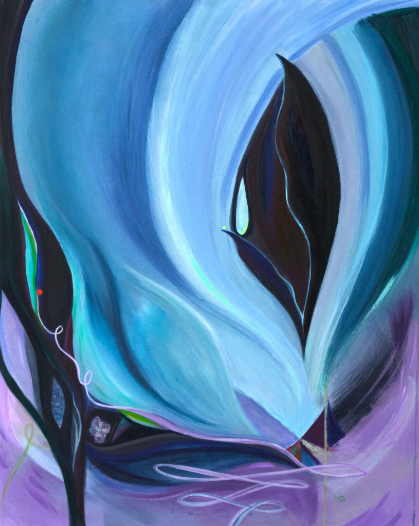 Abstract painting with a large light blue organic shape with a dark center (reminiscent of Georgia O'Keeffe), and a swirling purple line moving along the bottom.