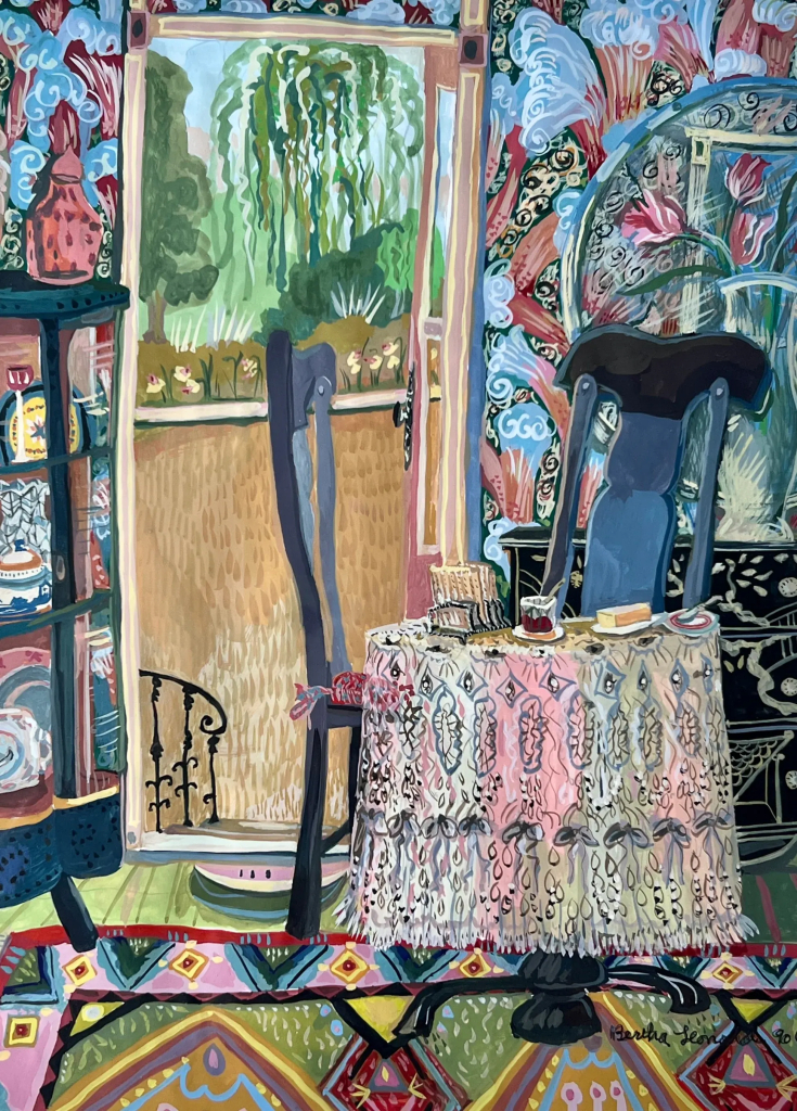 Painting of a domestic interior decorated with various patterns on the walls, carpet, and tablecloth. There is a small table holding breakfast things with two blue wooden chairs, as well as a glass display cabinet and an open door showing flowers and trees outside.