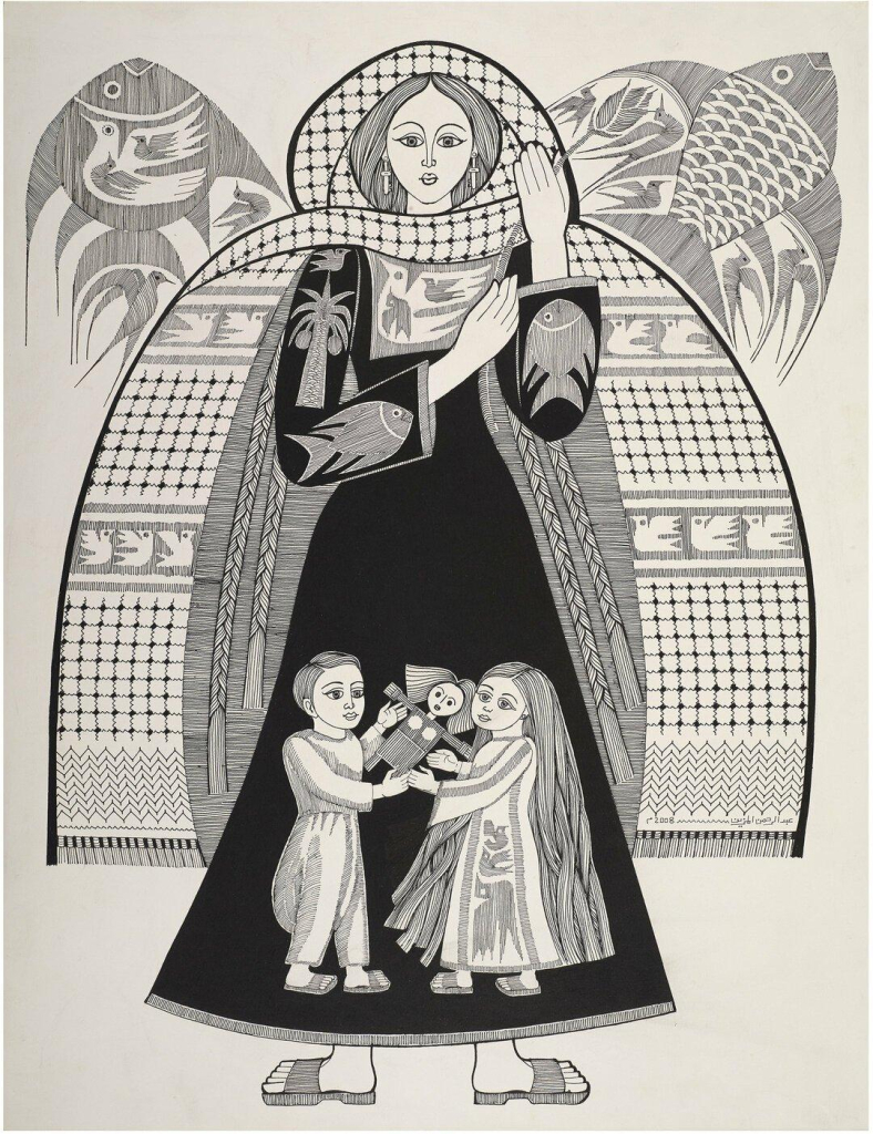 Black ink drawing of a woman with long braids wearing a long keffiyeh, standing face-forward and holding a flower. Her dress is decorated with bird and fish motifs, and two children are depicted on the lower half of her skirt, playing with a doll.