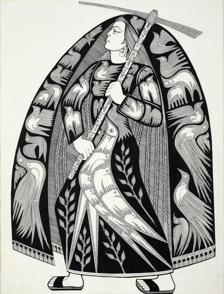 Black ink drawing of a woman with long braids holding up a large pick axe and standing posed as if ready to strike. Her dress is decorated with bird and grain motifs, and she is surrounded by a large shawl with similar designs.