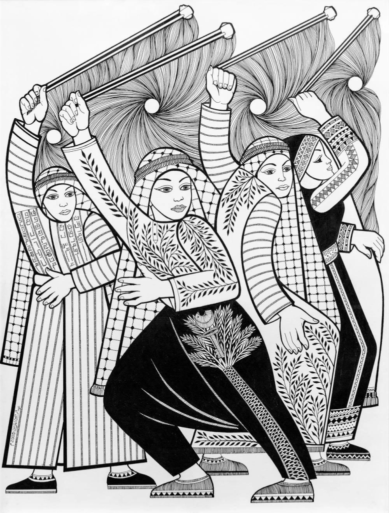 Black ink drawing of several figures posing in keffiyehs and patterned tunics/pants, their arms all raised high holding flags with swirling lines.