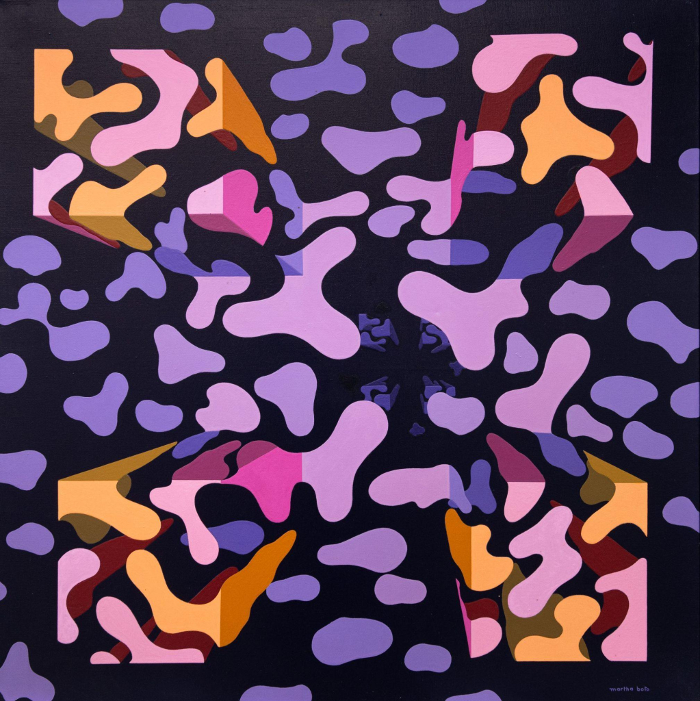 Abstract painting of in a palette of purple, pink, and yellow, depicting four 3D cubes floating in space at each corner of the canvas, broken up into squiggly sections and surrounded by more squiggly shapes floating in dark purple space. 