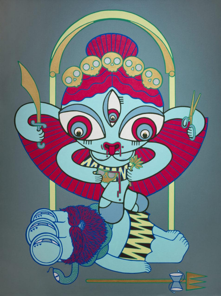 Painting in a cartoon style depicting tantric Hindu goddess Tara, the goddess of all sources of energy, in a bright palette of blue, yellow, and pink.