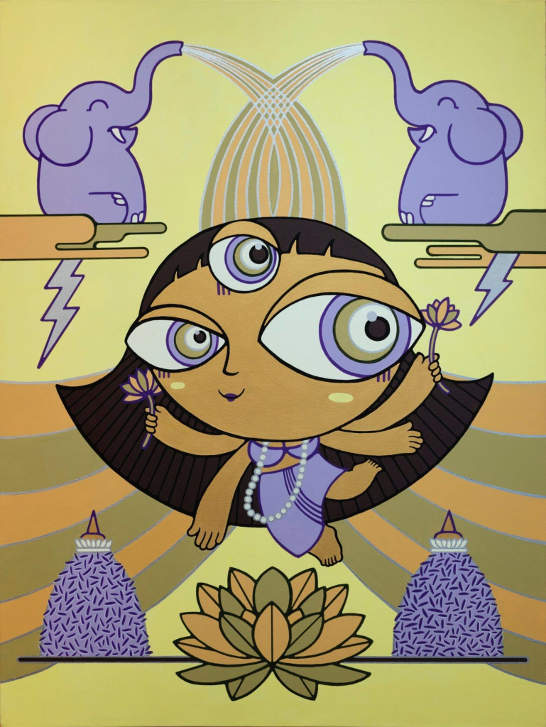 Painting in a cartoon style depicting Kamala, the tenth Mahavidya, who symbolizes prosperity and fertility, in a bright palette of purple, yellow, and orange.