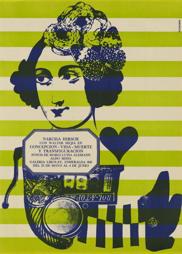 Poster in a bright green and yellow palette with a collage image of a woman's head with flowers in her hair over a jumble of objects and text, with legs sticking out along the bottom in striped tights and black shoes.