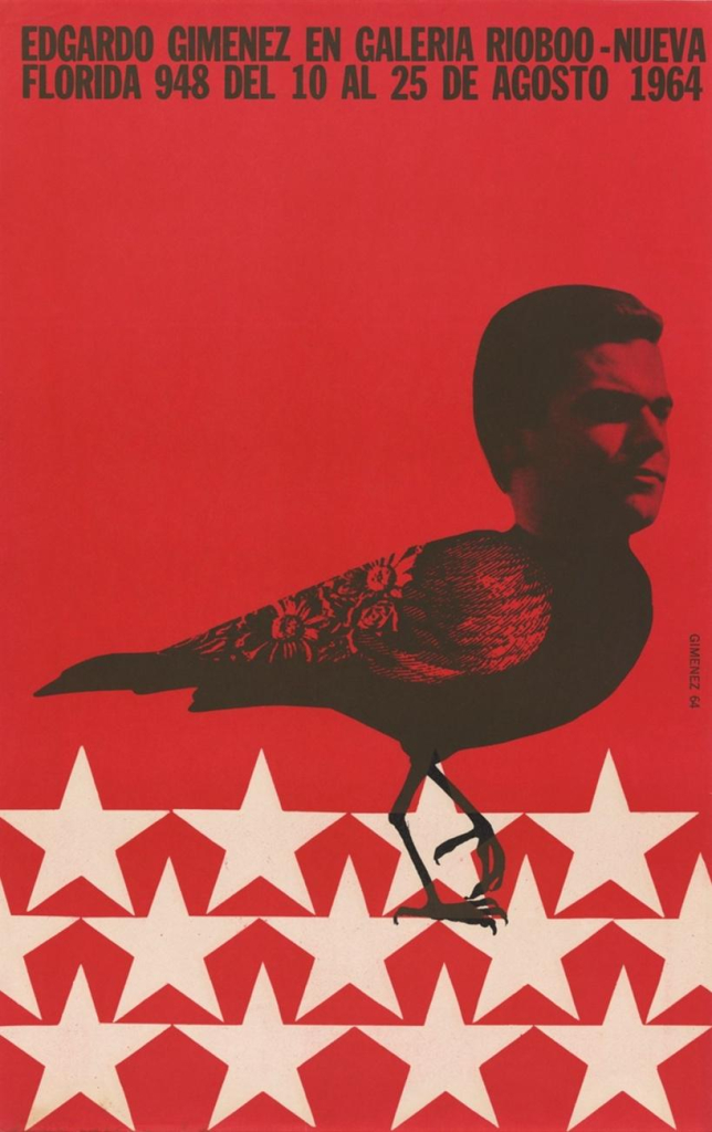 Poster with a photo collage of a man's head on top of a pigeon body, over a deep red background with rows of white stars along the bottom, and text about the artist's exhibit at the top.