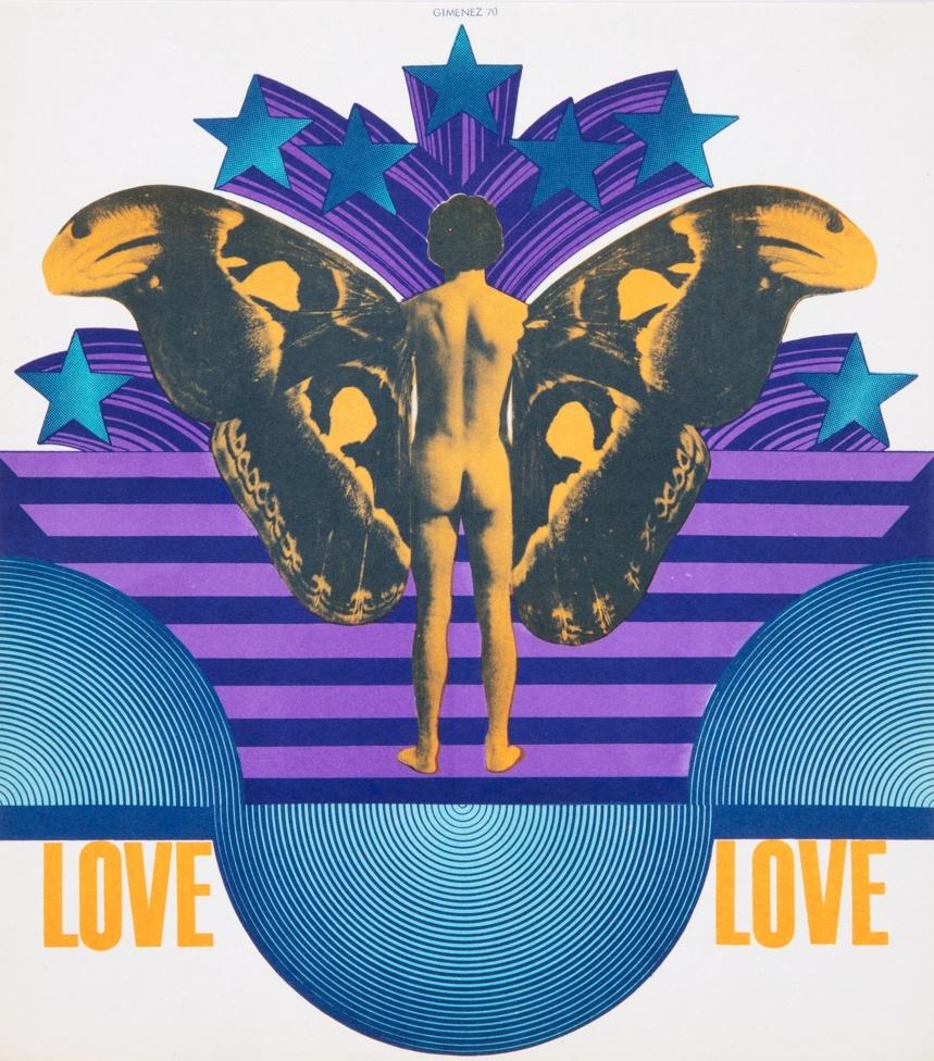 Poster in a yellow, purple, and blue palette with a collage image of nude man seen from the back, with butterfly wings sprouting on either side in place of arms. He is surrounded by striped patterned shapes and erupting stars. The text "LOVE" is written twice on either side of a large blue half-circle shape along the lower register.