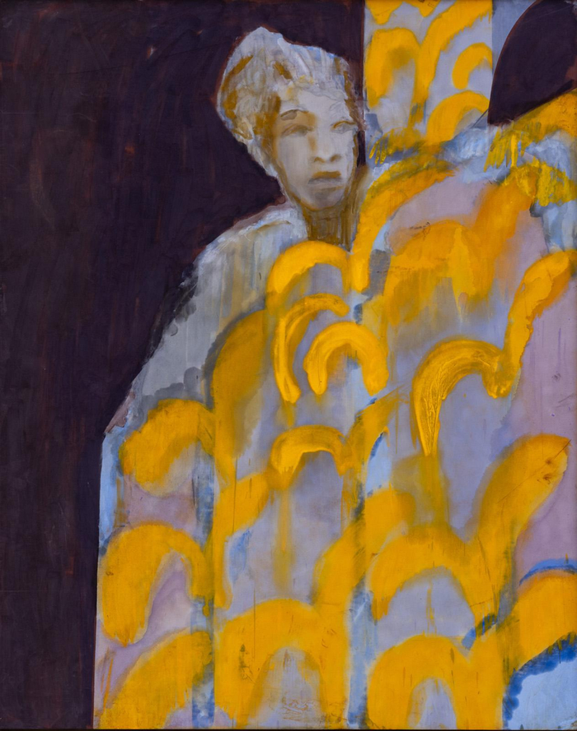 Painting depicting a woman in a washed out grey-brown palette, standing behind an abstract form with a curvy bright yellow pattern, against a dark purple background.