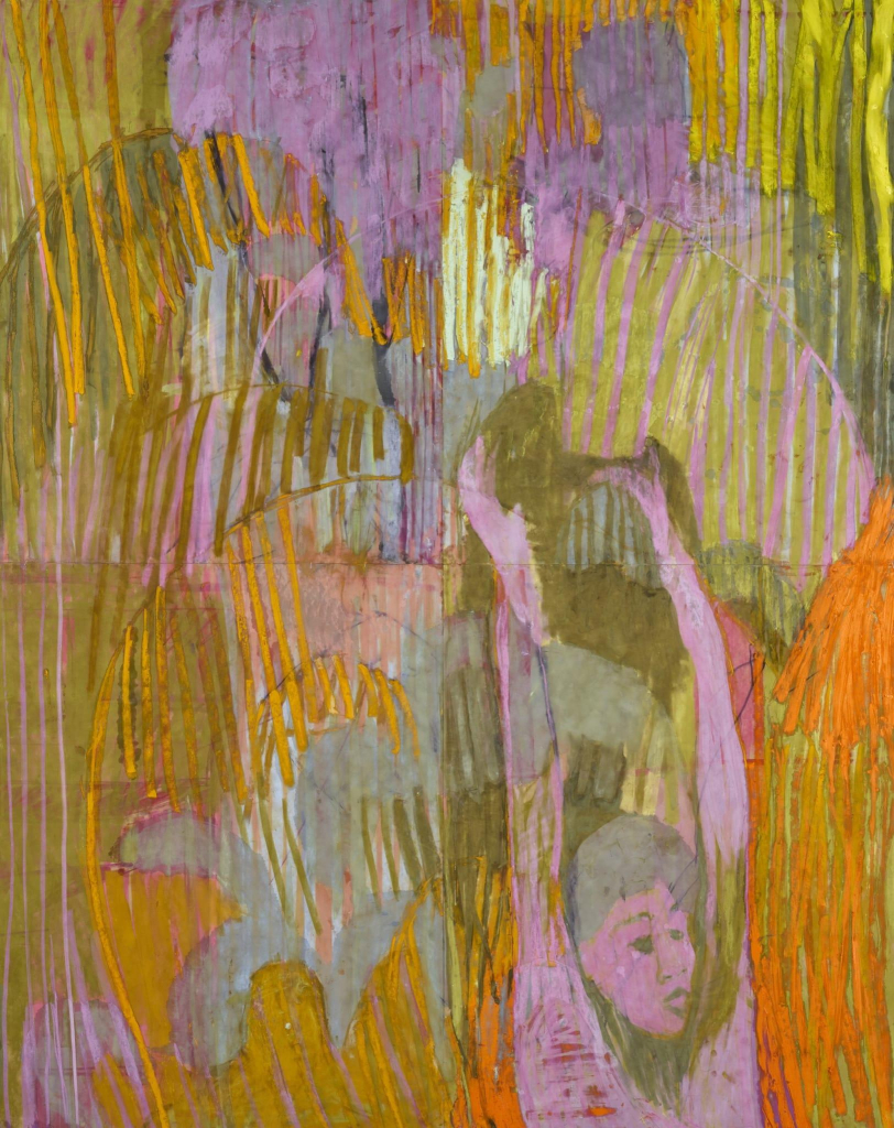 Painting in a soft palette of orange, green, yellow, and purple, depicting a woman along the bottom of the frame with her arms raised, against an energetic, abstracted background of gestural lines and organic forms.