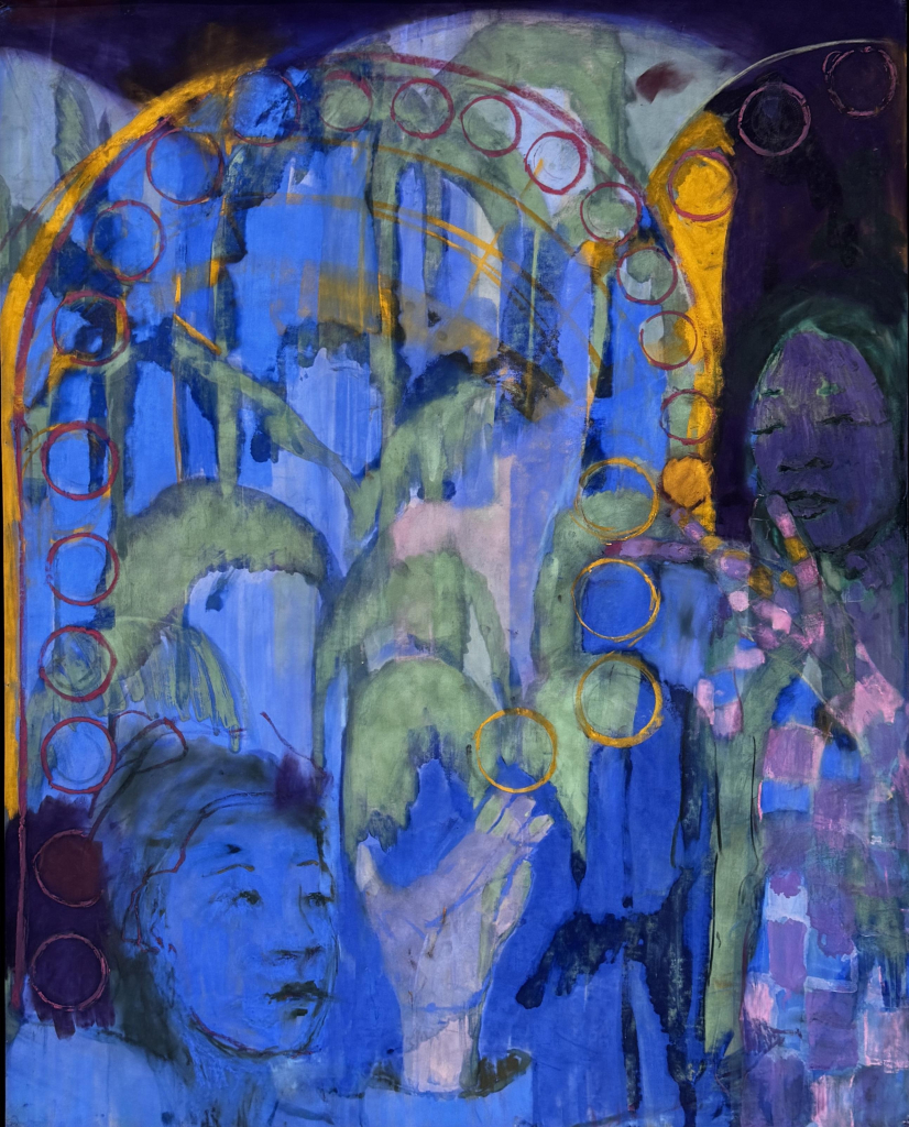 Painting of in a deep blue and purple palette with hints of green and yellow, depicting two women, one with her hand gesturing towards an arc of open circles floating above her.