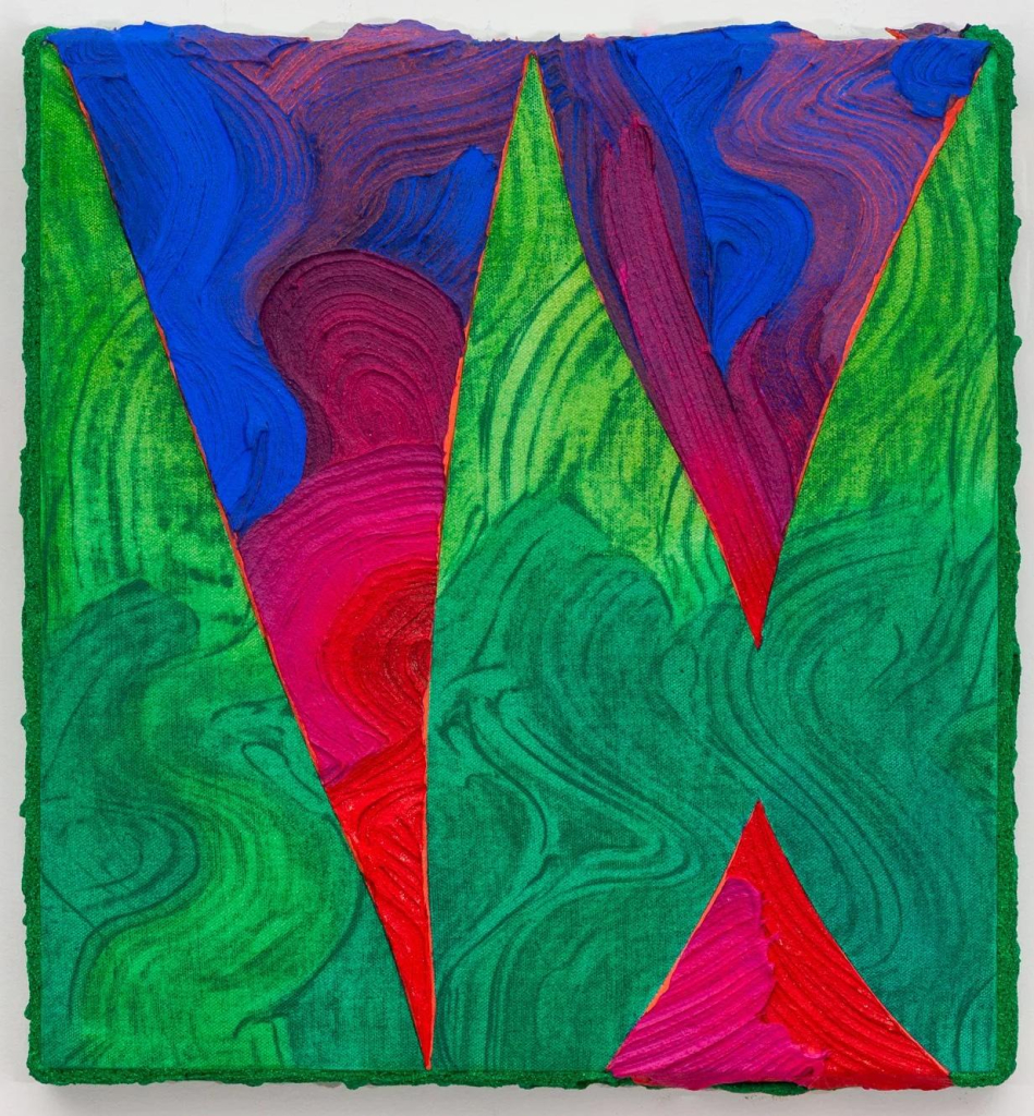 Abstract mixed media composition with three triangles of different sizes coming from the upper and lower edges, decorated with pink and blue swirls, over a swirly neon green background.