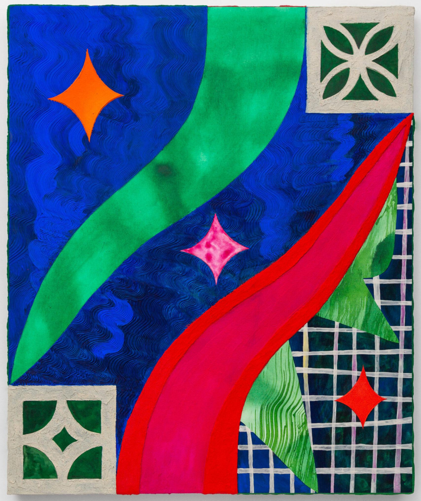 Abstract mixed media composition with curving red and green lines over a deep blue squiggly background, overlaid with diamond shapes. The lower right corner is a white line grid.