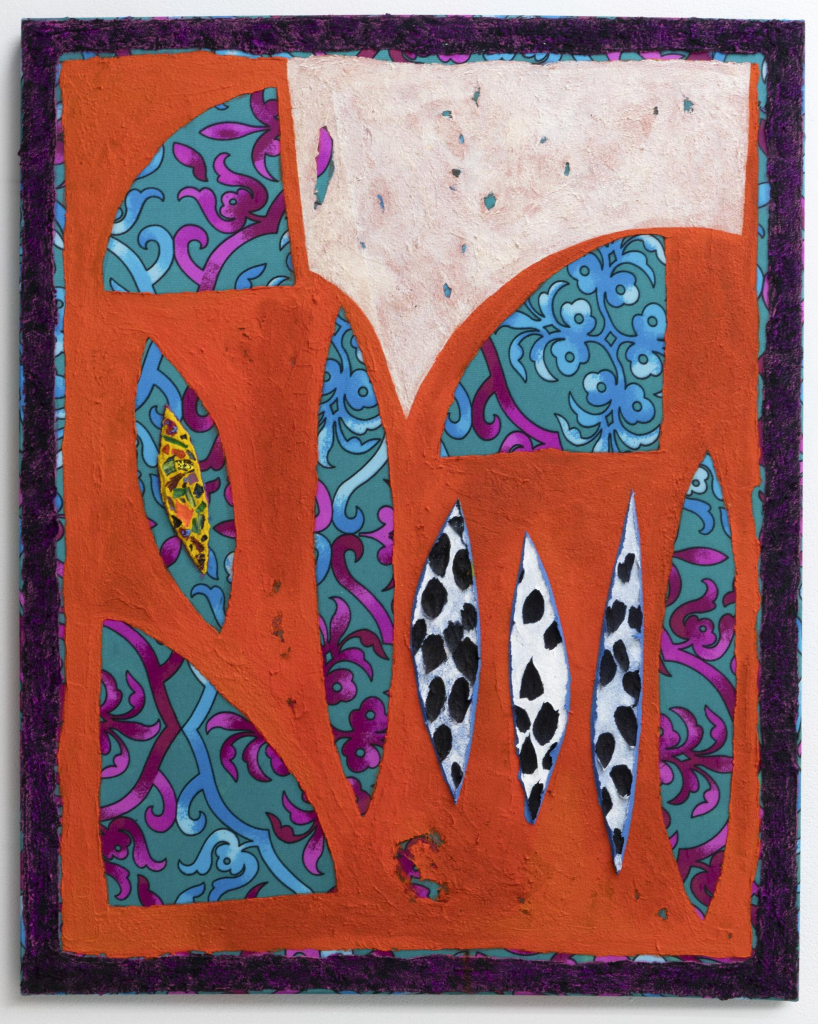 Abstract mixed media composition with pointed oval shapes made out of patterned textile cutouts, placed over a bright orange background with a cream shape on top and a purple border.